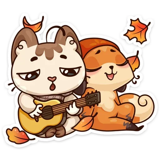 котик и лисичка. кот играет на гитаре